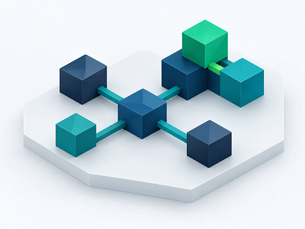 Isometric illustration of connected cubes on a platform, linked by bars